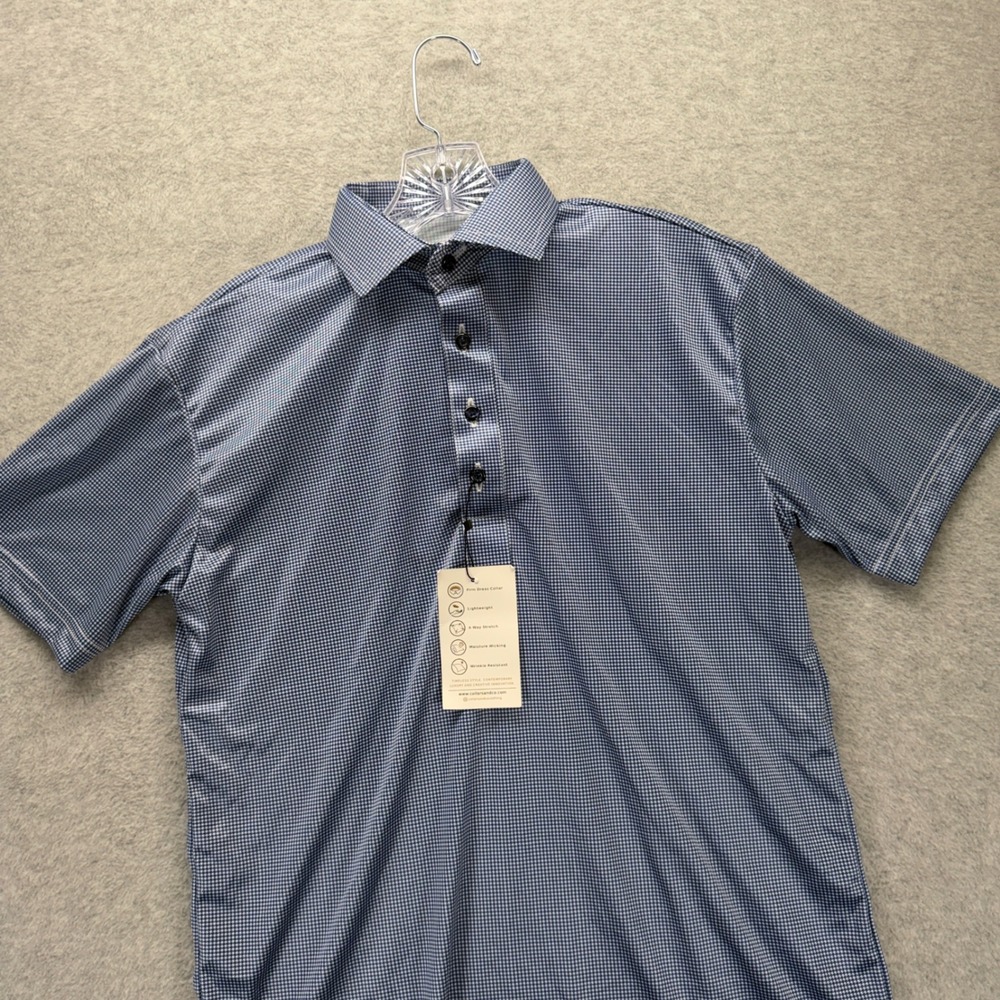 Collars & Co Dress Collar Polo Shirt Mens S Relaxed Blue Houndstooth Performance